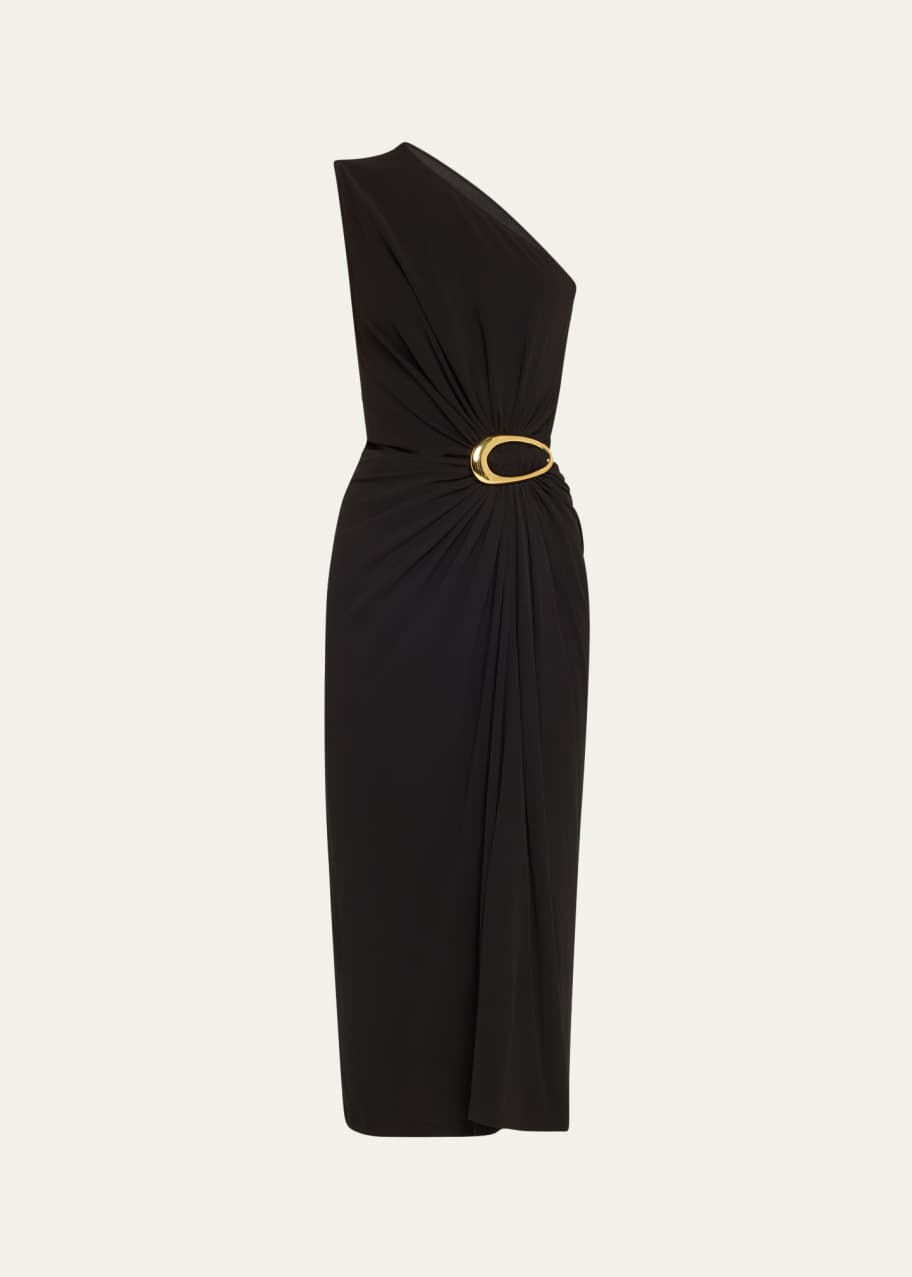 Image 1 of 1: One-Shoulder Crepe Viscose Jersey Buckled Dress