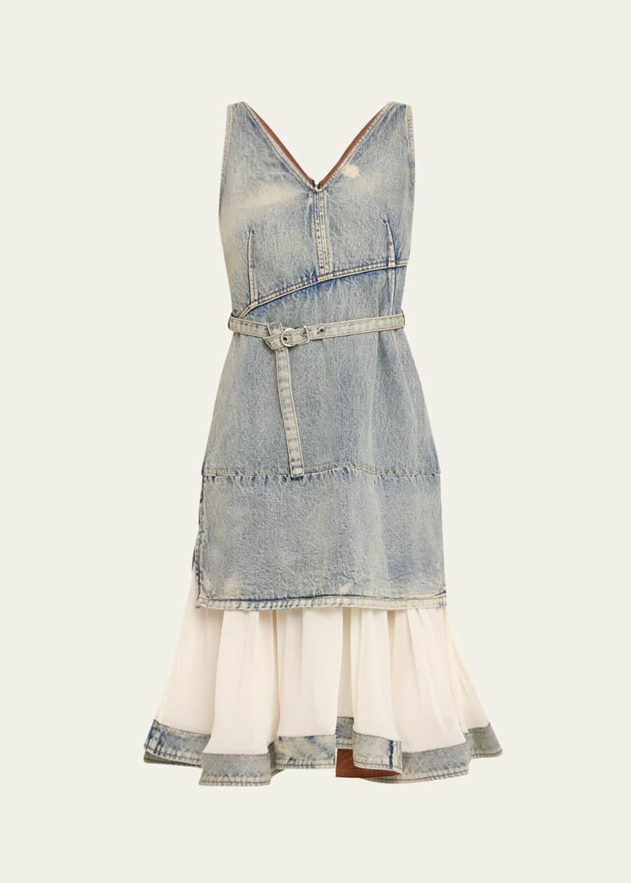 3.1 Phillip Lim Sleeveless Belted Denim Chiffon Combo Dress