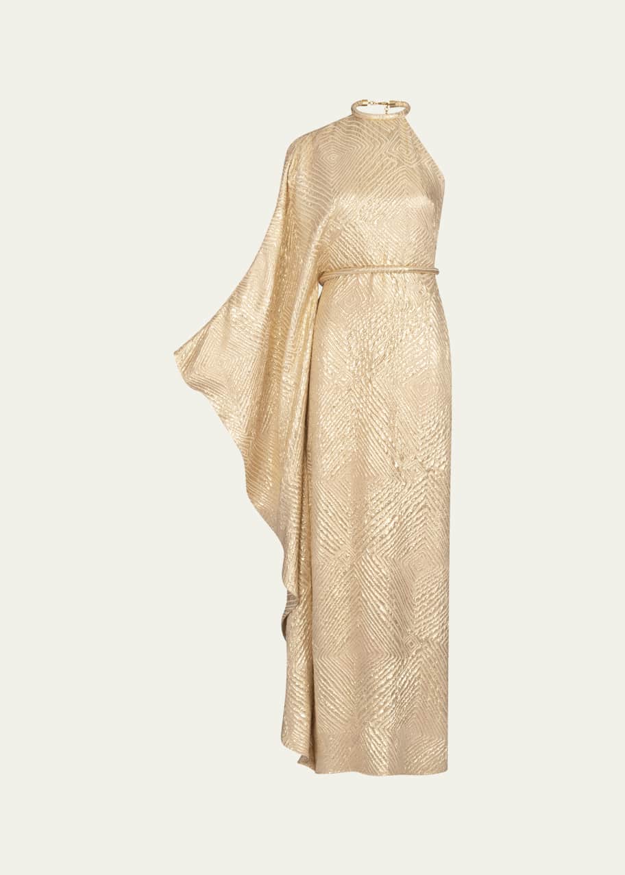 Image 1 of 1: Gael Tubular Belt Textured-Jacquard One-Shoulder Gown