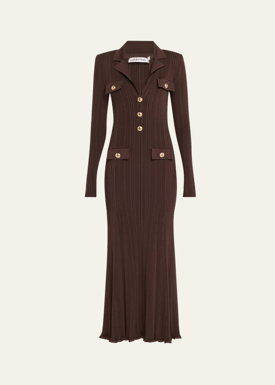 ◆関税込◆【Self-Portrait】Brown Ribbed Knit Midi Dress Self-Portrait Rib-Knit Midi Dress - Bergdorf Goodman