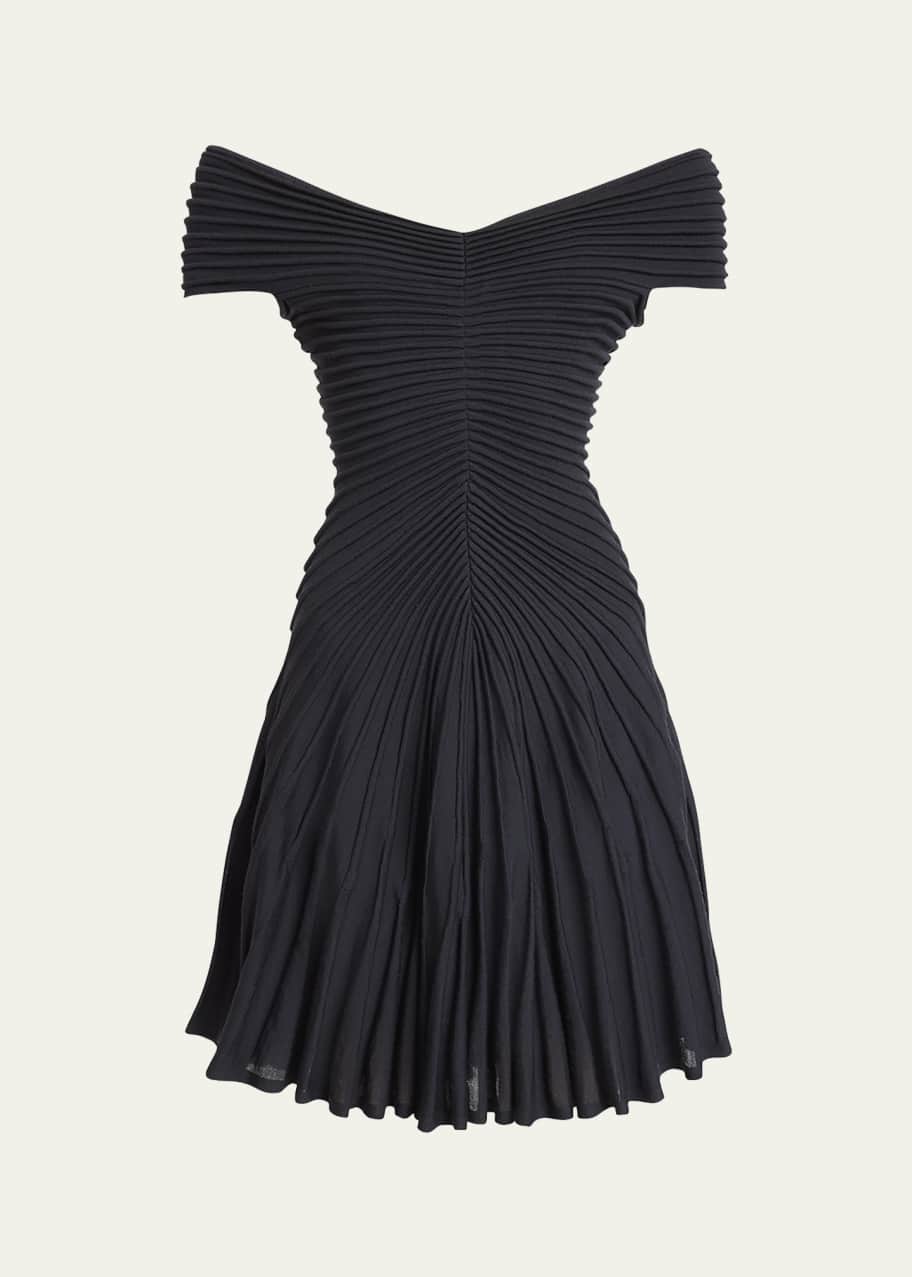 Image 1 of 1: Off-Shoulder Sculpting Line Flared Wool Mini Dress