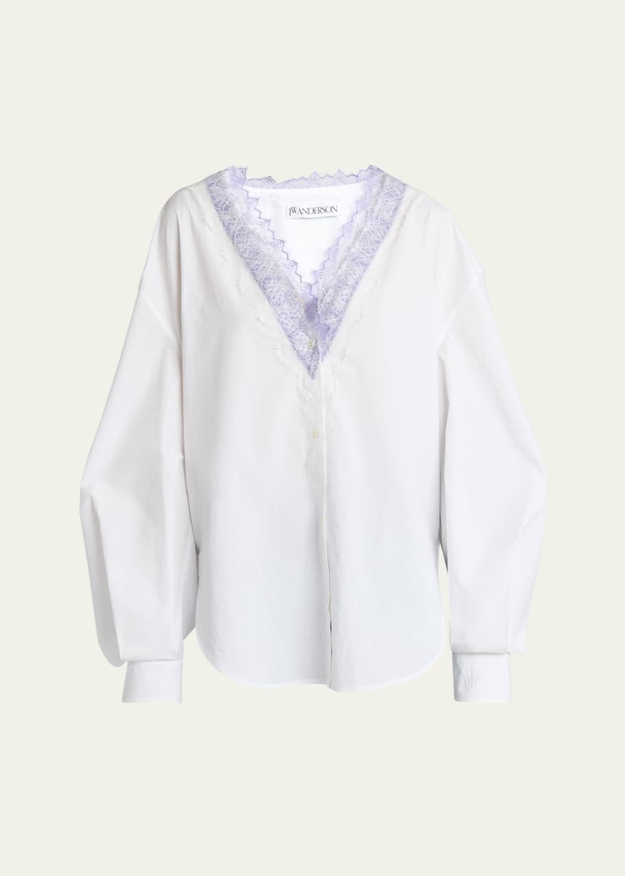 Image 1 of 1: Lace Trim V-Neck Cotton Blouse