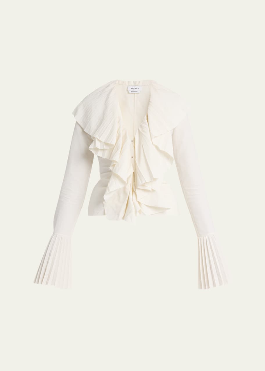 Image 1 of 1: Long-Sleeve V-Neck Pleated Ruffle Blouse