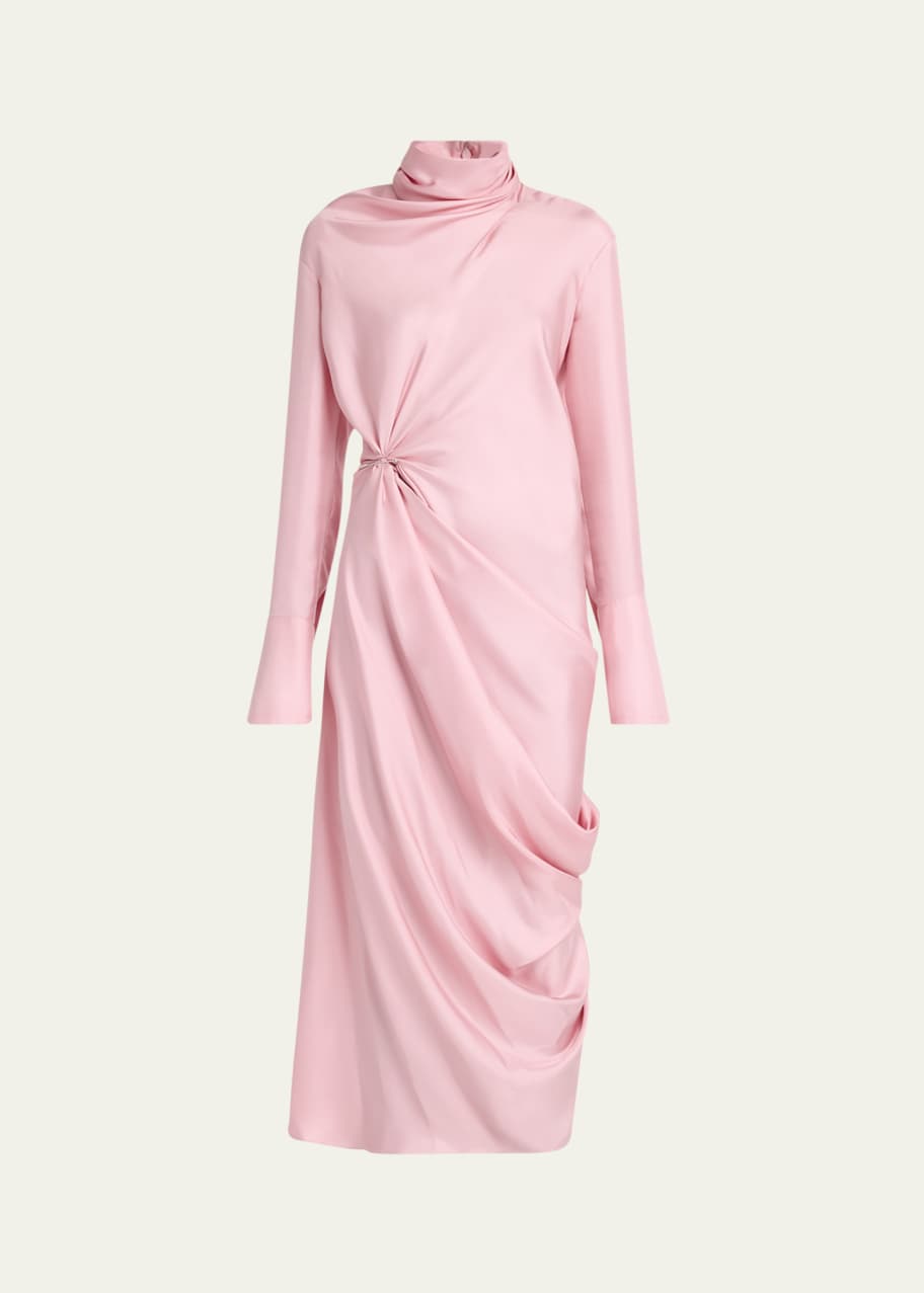 Image 1 of 1: Long High-Neck Draped Silk Dress with Pin