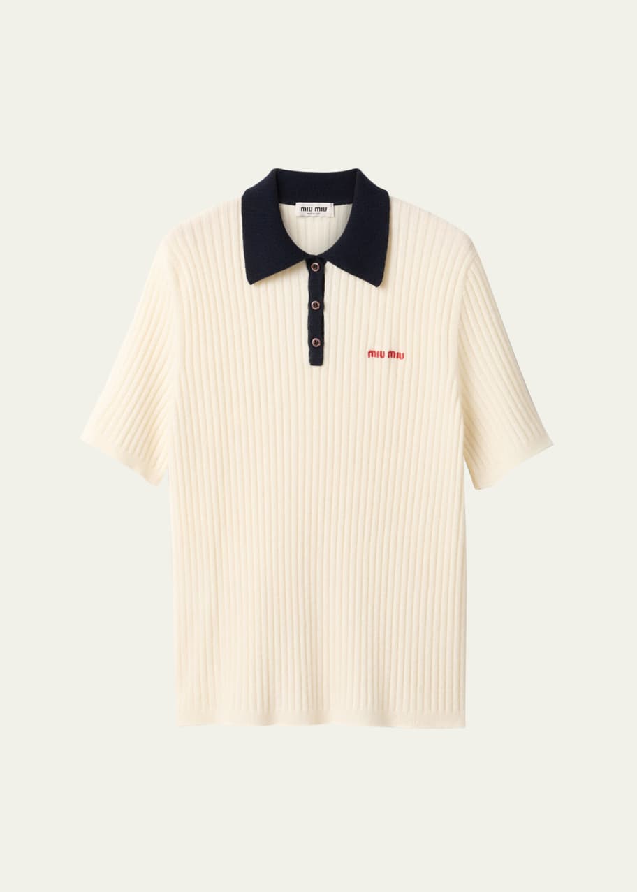 Miu Miu Ribbed Short Sleeve Polo Cashmere Shirt - Bergdorf Goodman