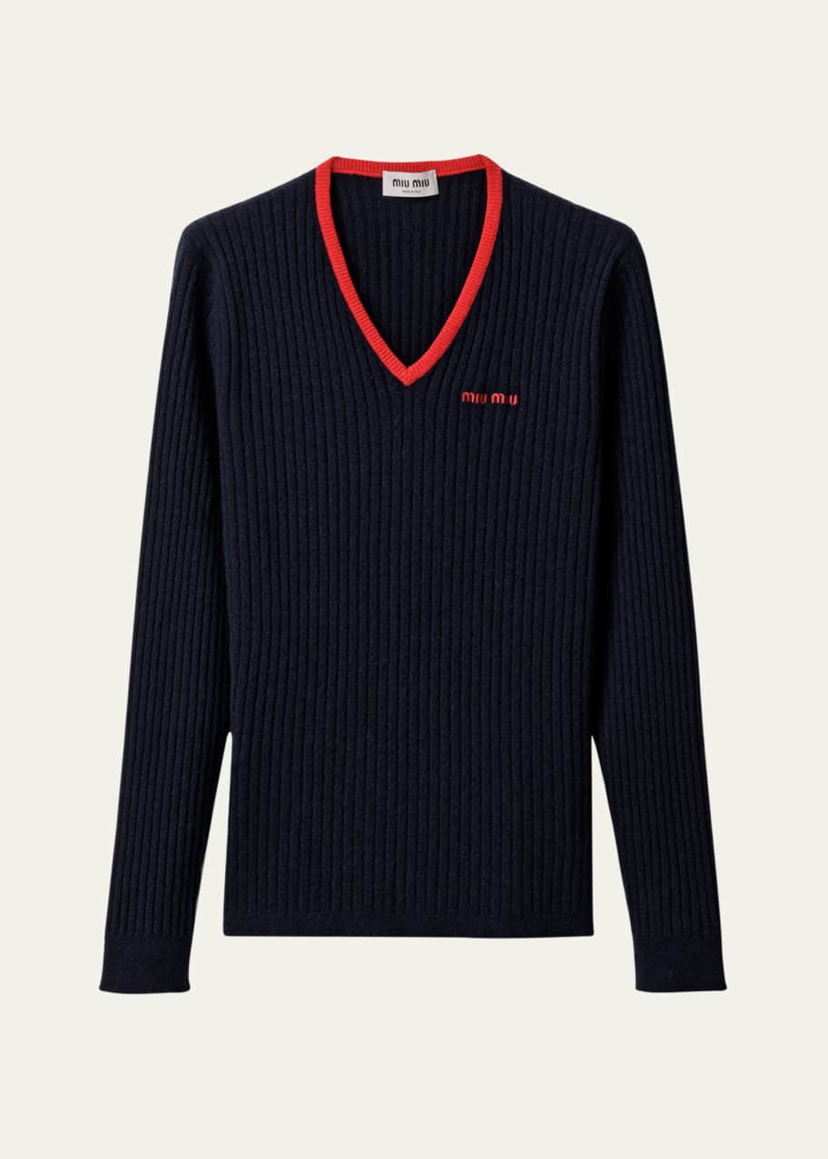 Miu Miu Ribbed V-Neck Long Sleeve Cashmere Sweater - Bergdorf Goodman
