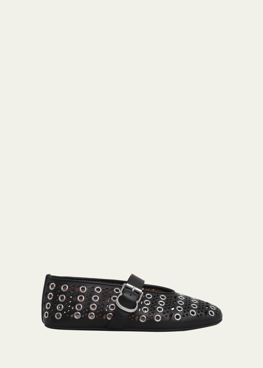 ALAIA Vienne Buckle Eyelet & Laser-Cut Leather Ballet Flats