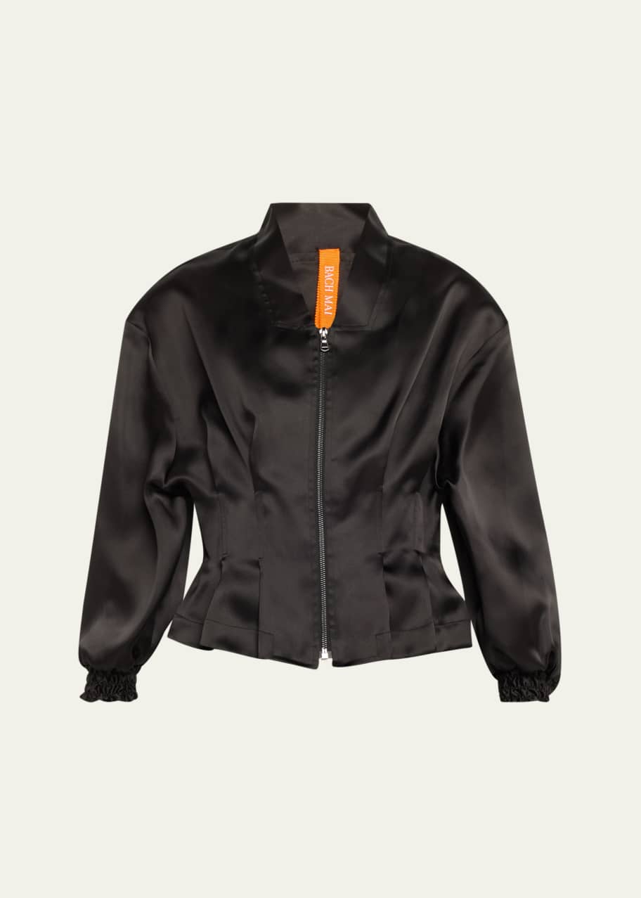 Image 1 of 1: Nipped-Waist Peplum Silk Bomber Jacket