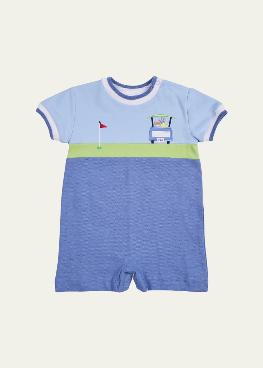 Image 1 of 1: Boy's Golf Cart Applique Pique Knit Shortalls, Size 6M-24M