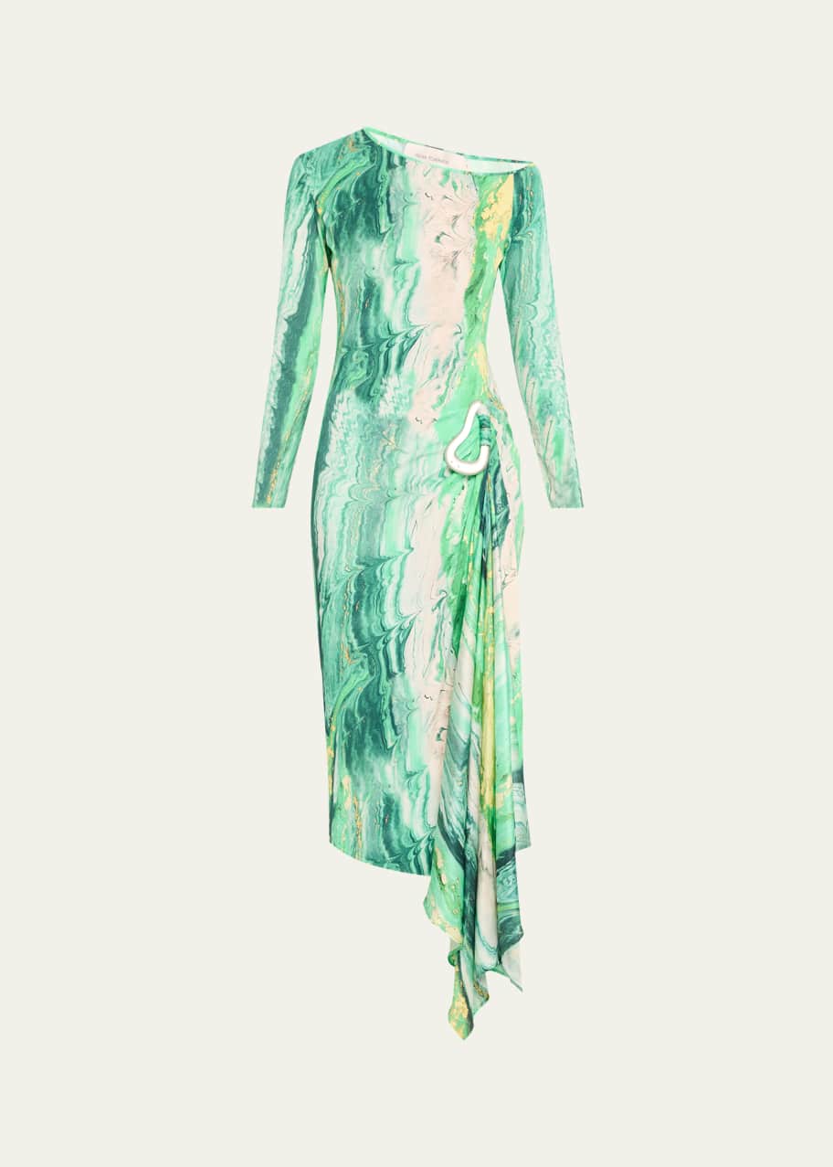 Image 1 of 1: Tahia Off-The-Shoulder Long-Sleeve Draped Midi Dress