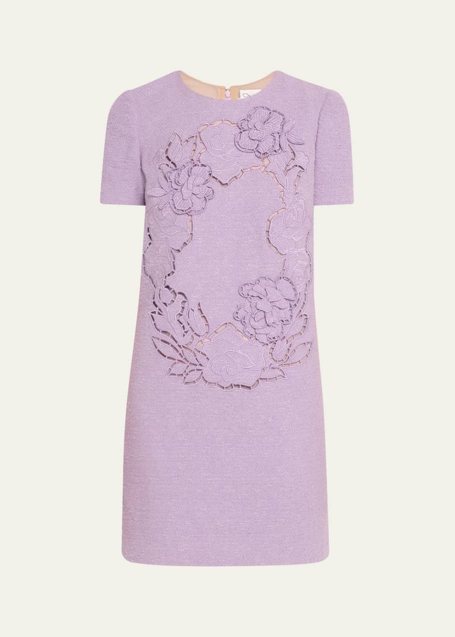 Image 1 of 1: Short-Sleeve Floral Embroidered Tweed Mini Dress