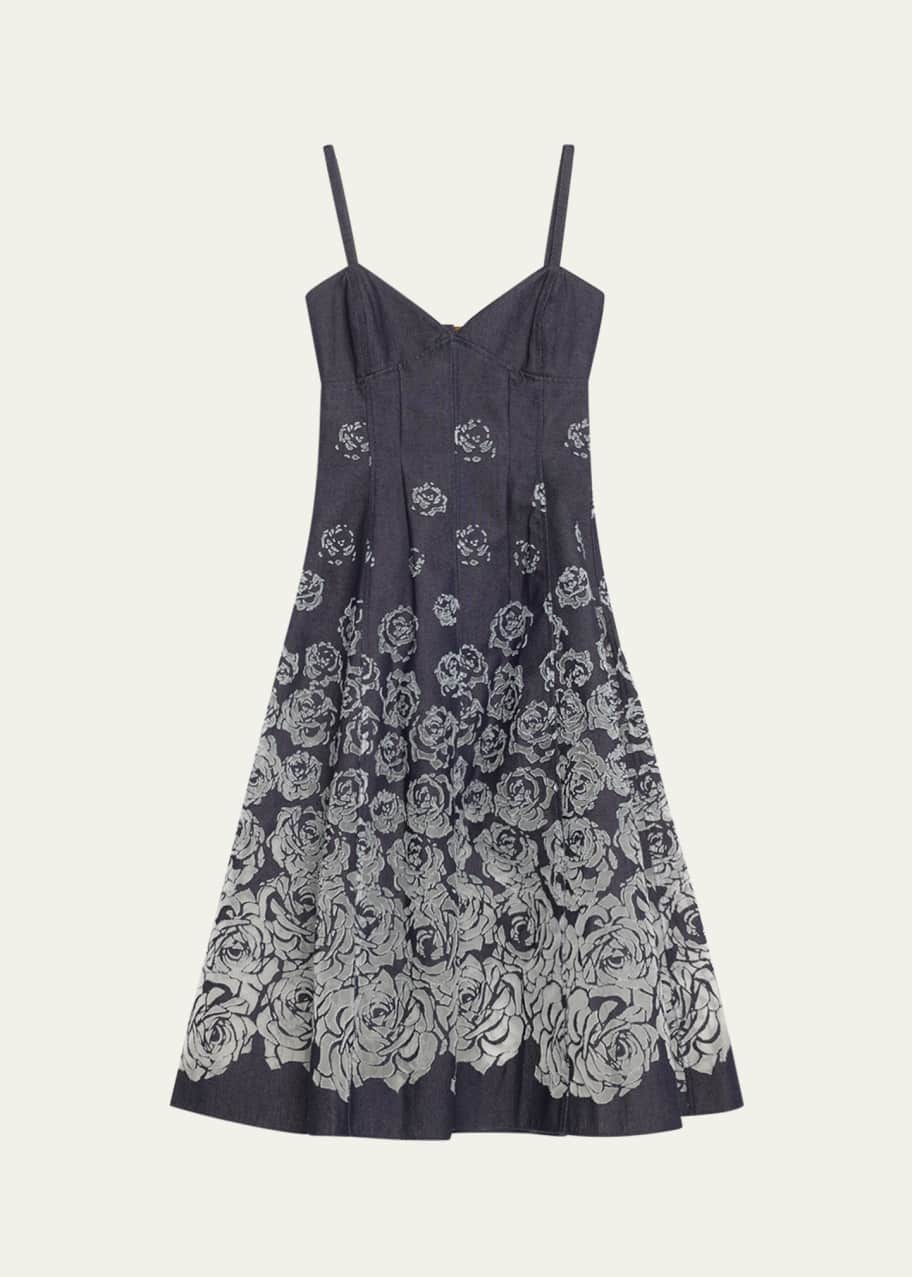 Image 1 of 1: V-Neck Rose Denim Devore Sleeveless Midi Dress