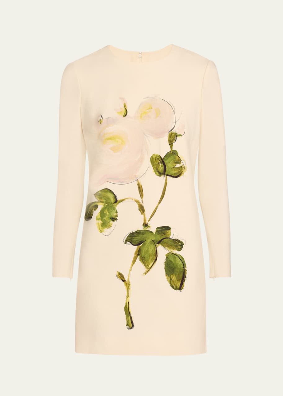 Image 1 of 1: Long-Sleeve Painted Roses Wool Mini Dress
