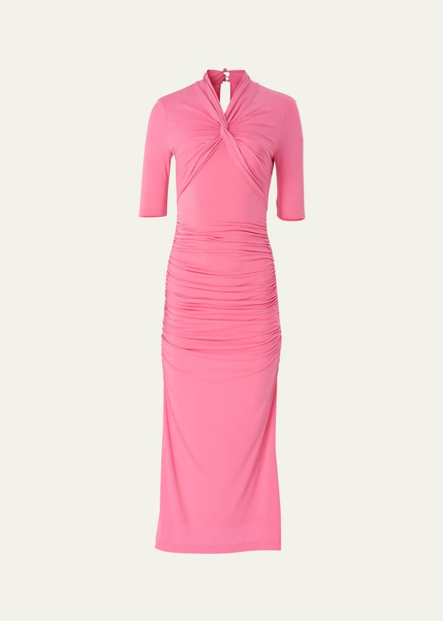 Image 1 of 1: Twisted-Neck Ruched Midi Dress
