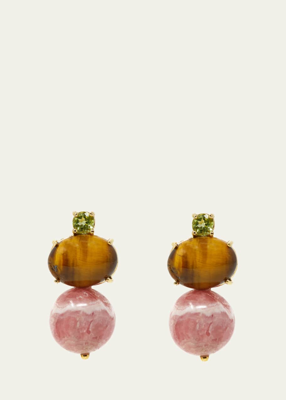 Image 1 of 1: 18K Yellow Gold Drop Earrings with Boule Rhodochrosite, Tiger Eye, and Peridot