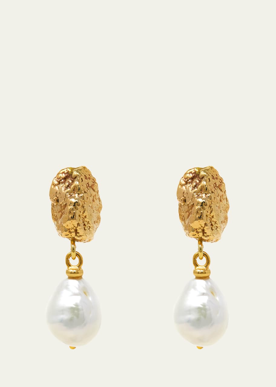 Image 1 of 1: Yellow Gold Nugget and Freshwater Pearl Drop Earrings