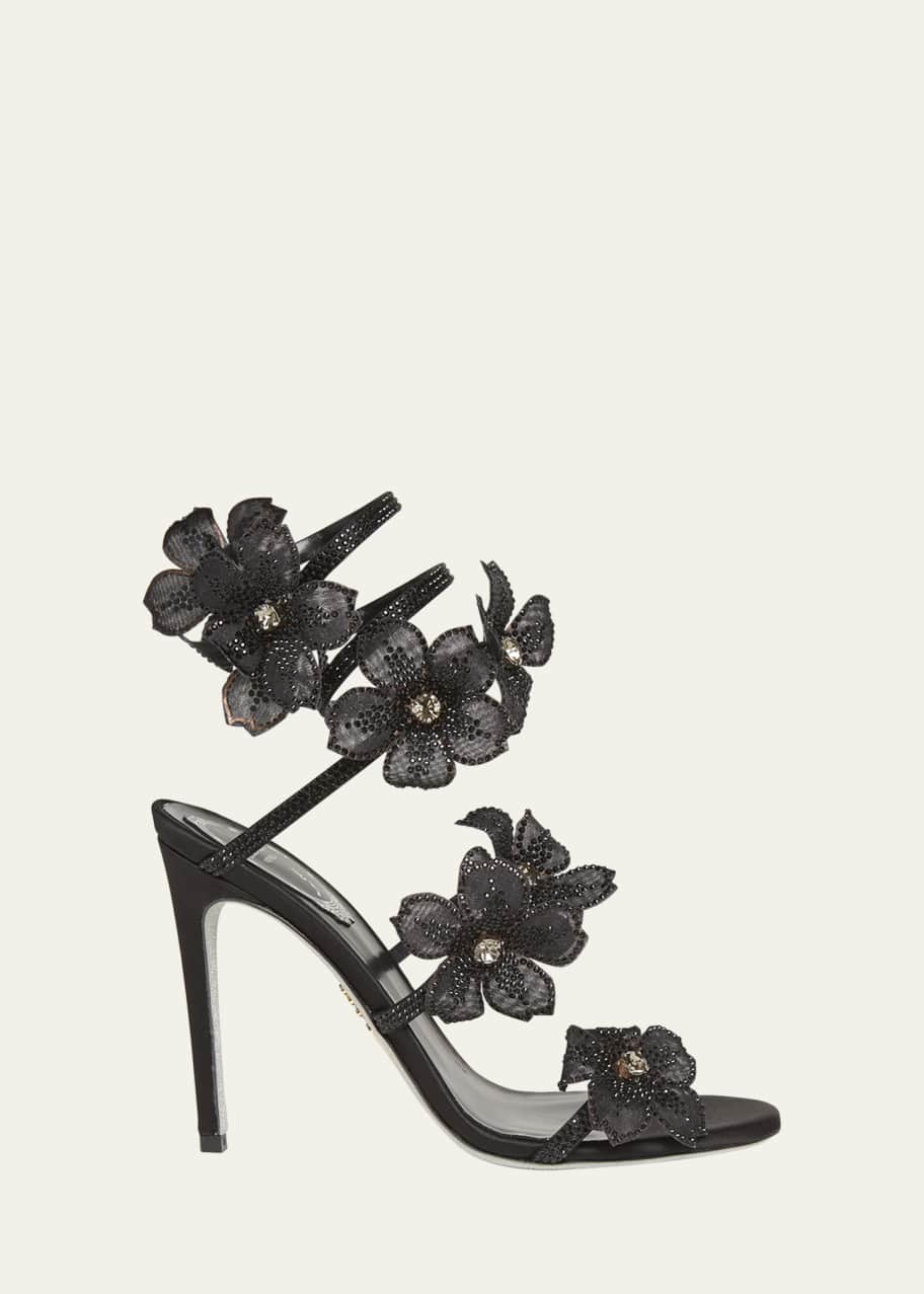 Rene Caovilla Satin Strass Flower Wrap-Up Sandals - Bergdorf Goodman