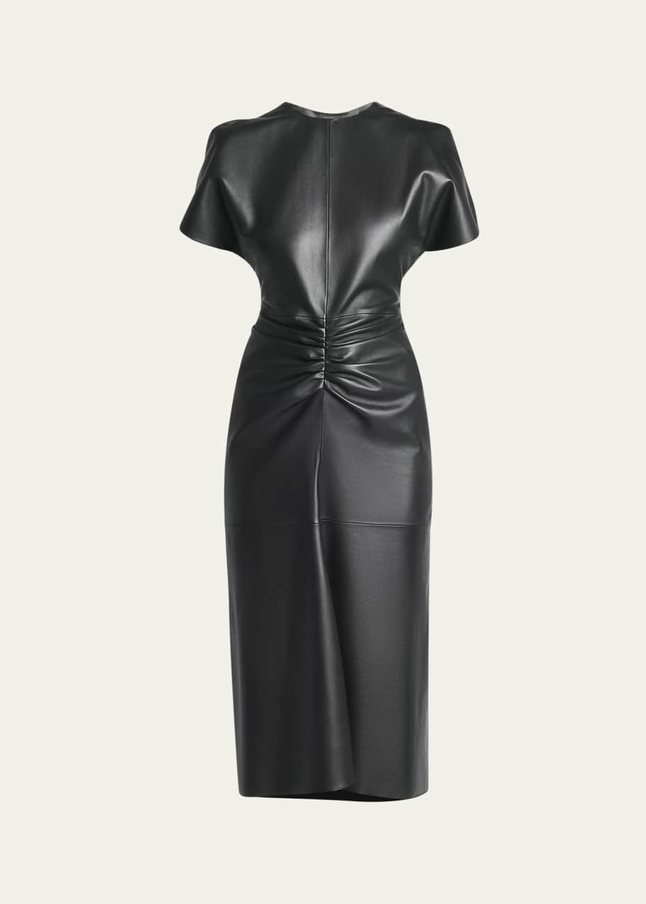 Image 1 of 1: Gathered-Waist Puff-Sleeve Leather Midi Dress