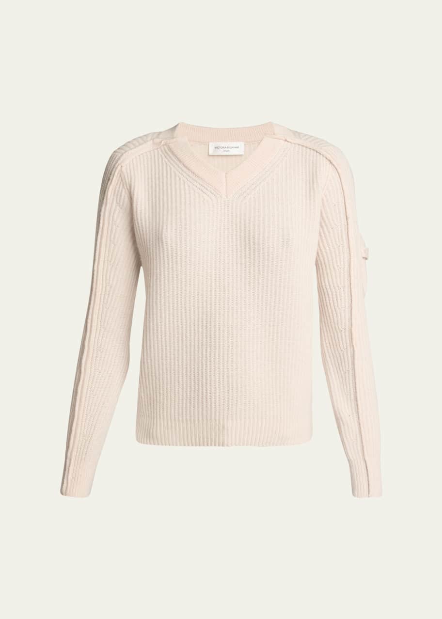Image 1 of 1: Ribbed V-Neck Wool Cashmere Sweater