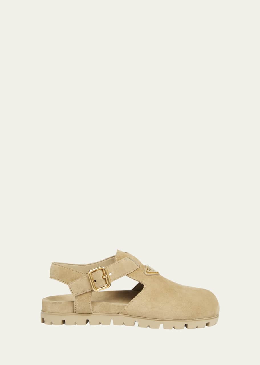 Prada Fussbett Suede Buckle Clogs - Bergdorf Goodman