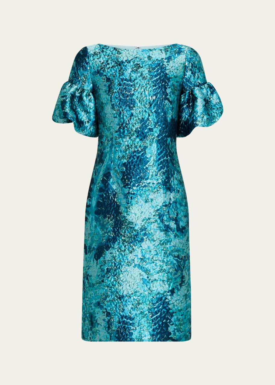 Image 1 of 1: Puff-Sleeve Metallic Jacquard Dress