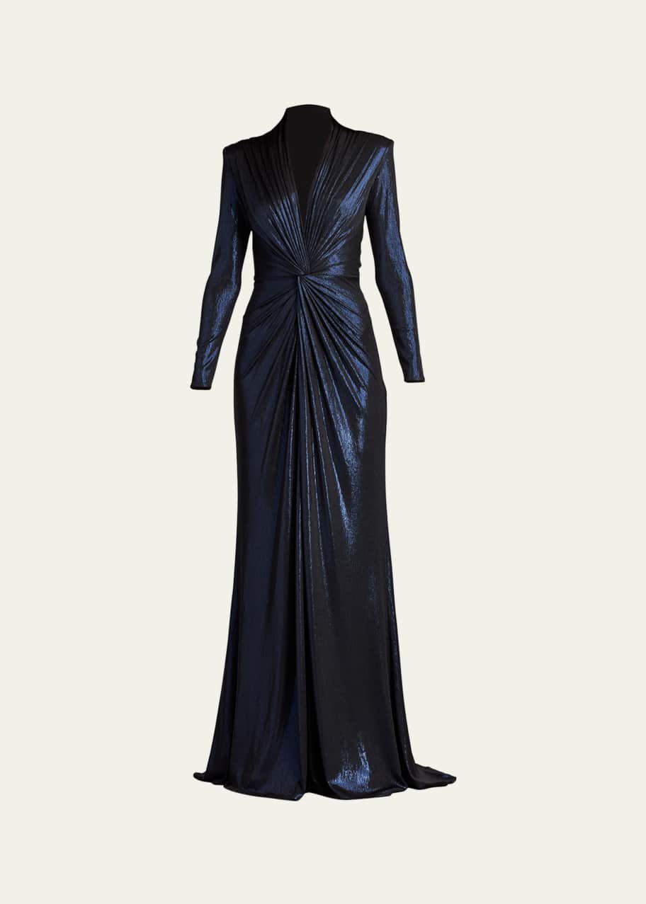 Image 1 of 1: Twist-Front Metallic Jersey Column Gown