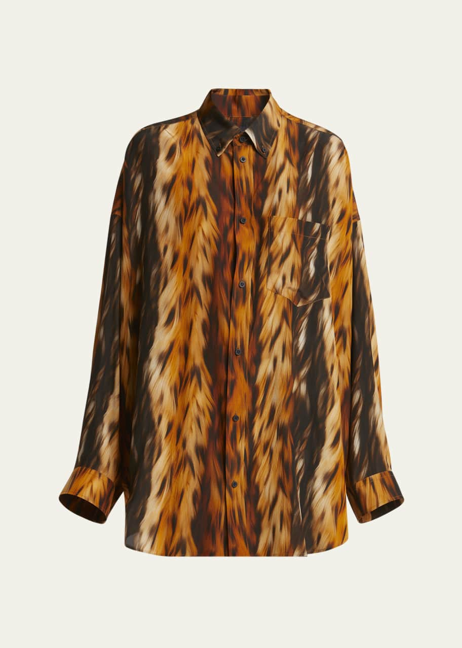 Image 1 of 1: Fur Print Cocoon Silk Crepe Blouse