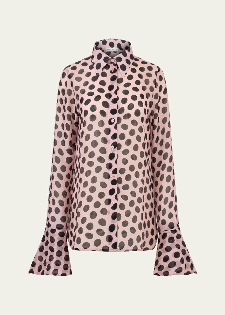 Image 1 of 1: Seersucker Polka Dot Bell Cuff Blouse