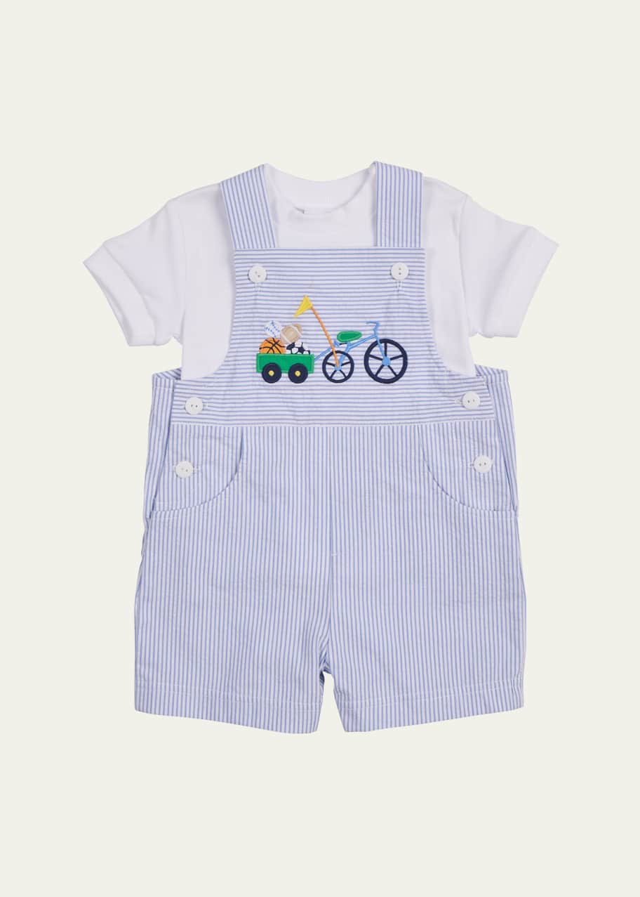 Image 1 of 1: Boy's Seersucker Shortall W/ Bike & Sportsball, Size 6M-24M