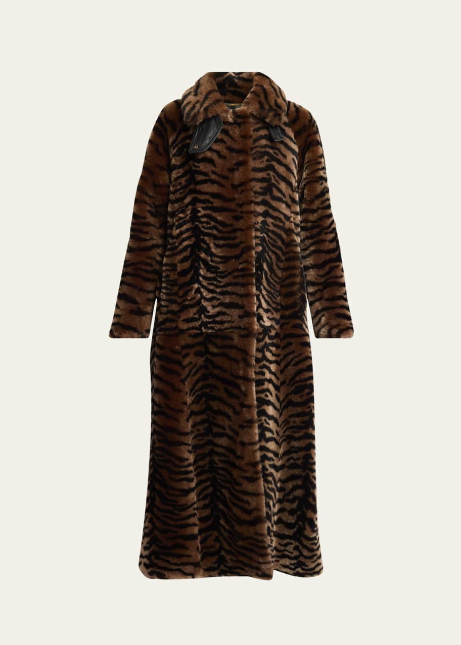 Image 1 of 1: Tiger Print Long Shearling Coat