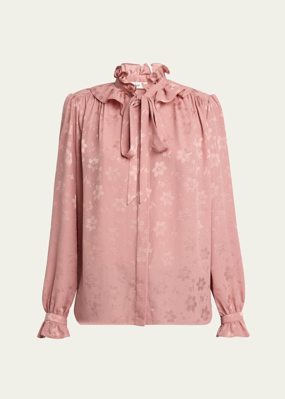 Image 1 of 1: Floral Jacquard Tie-Neck Ruffle Blouse