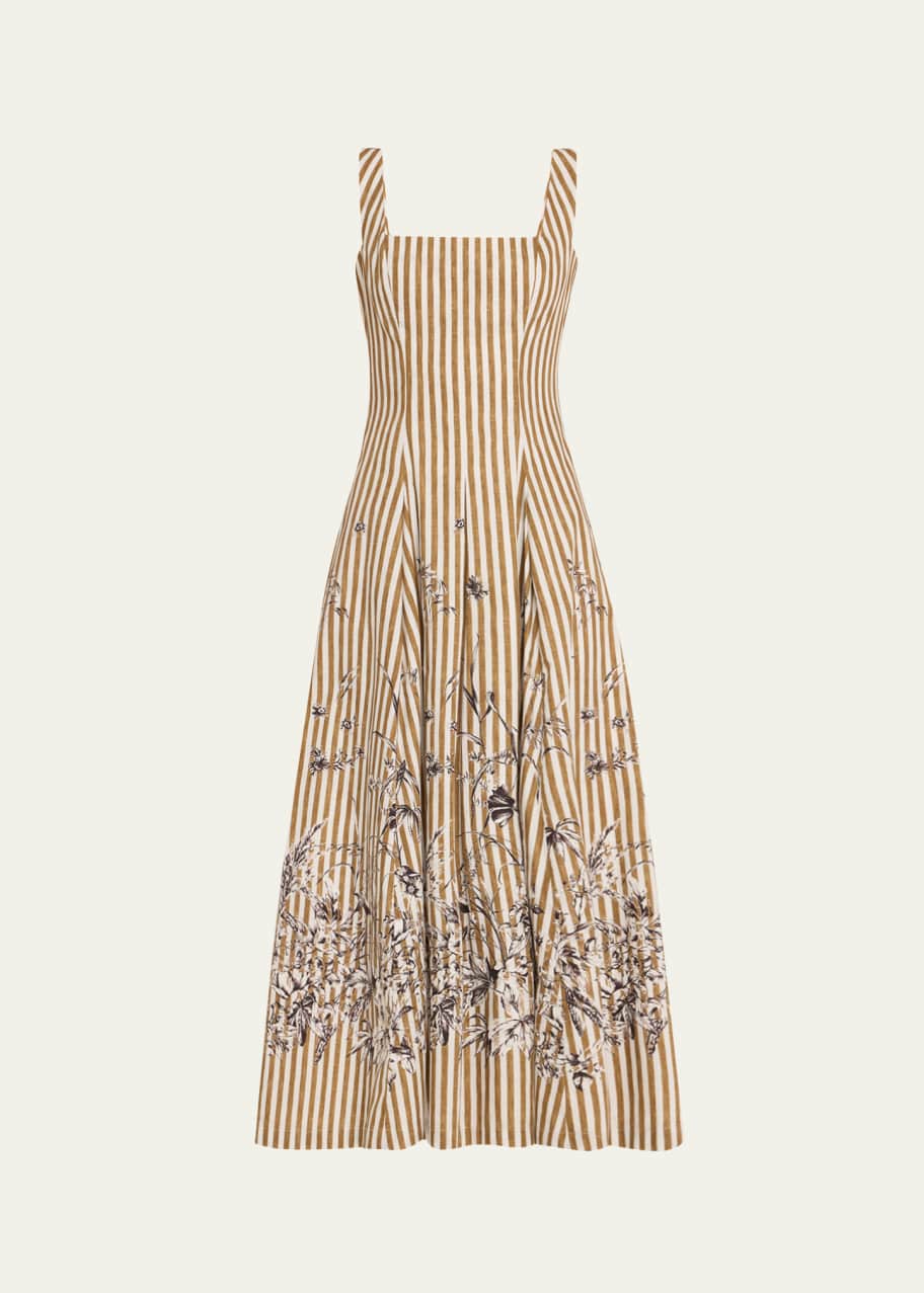 Image 1 of 1: Caitlin Striped Floral-Print Poplin Midi Dress