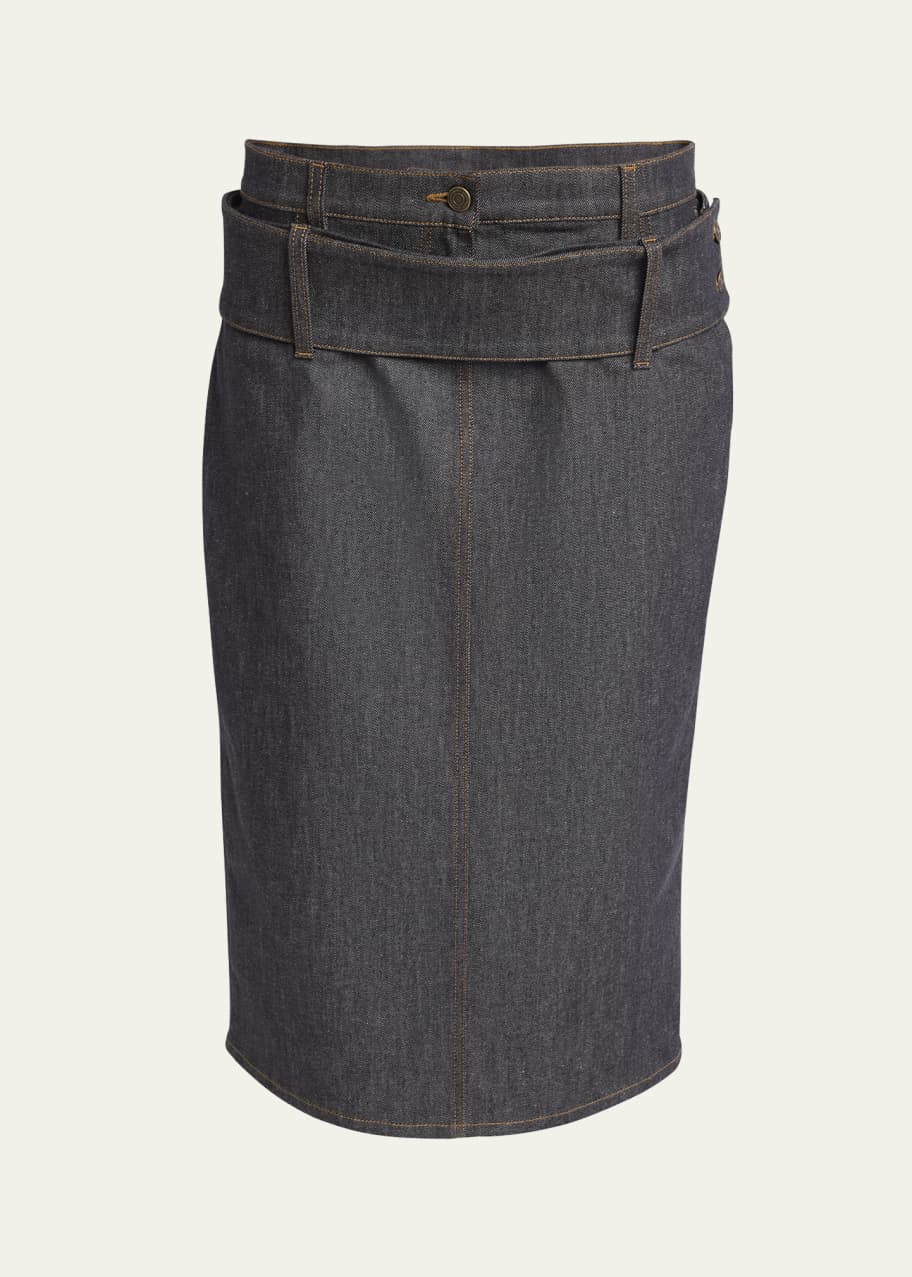 Image 1 of 1: Double Belt Denim Midi Skirt