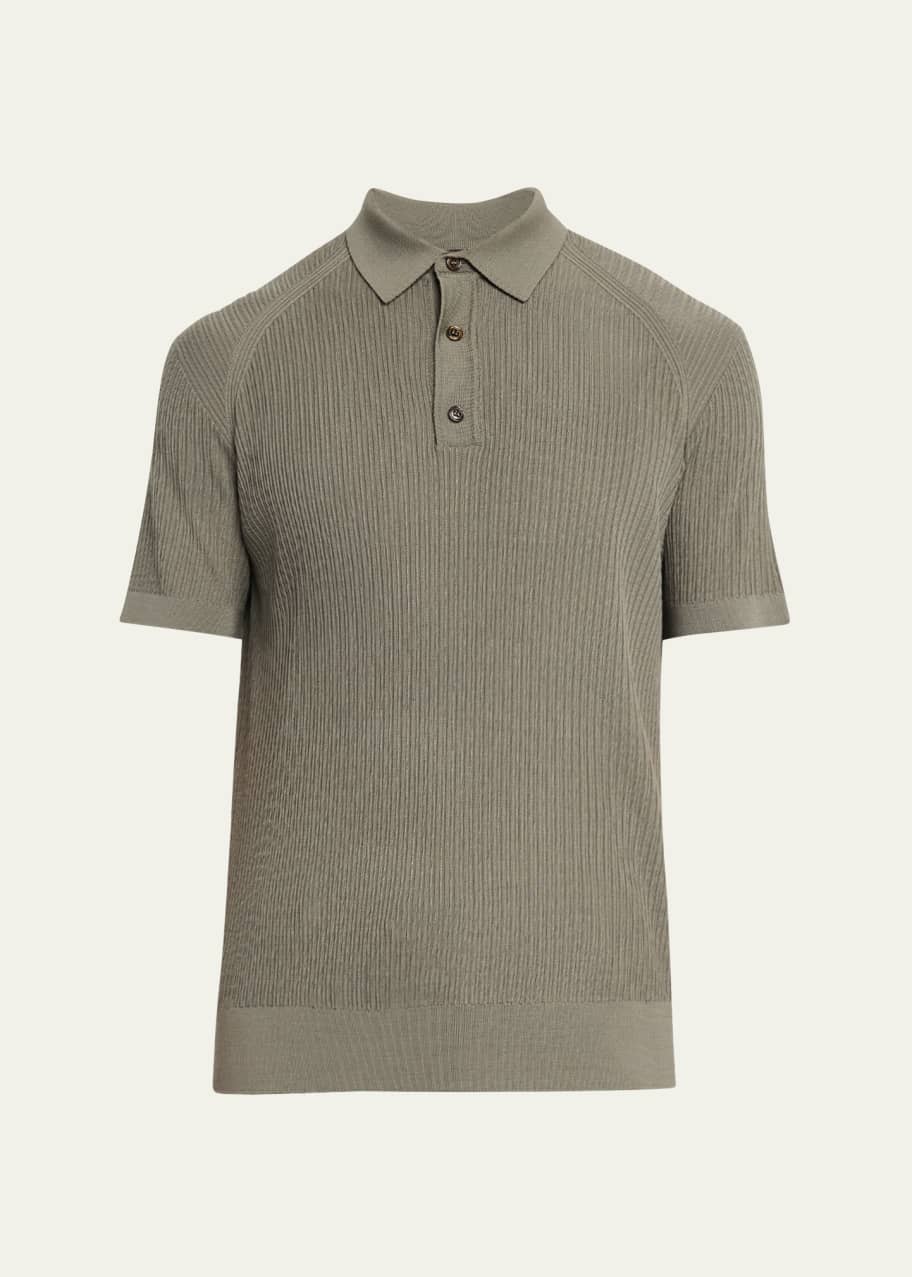Image 1 of 1: Men's Wool Ribbed Short-Sleeve Polo Sweater