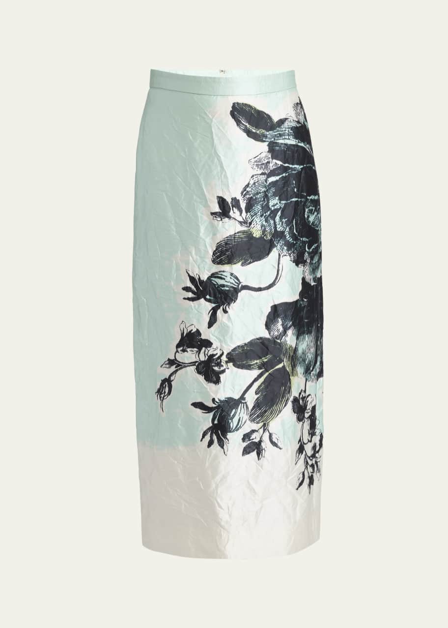 Image 1 of 1: Floral Crinkle-Effect Pencil Midi Skirt