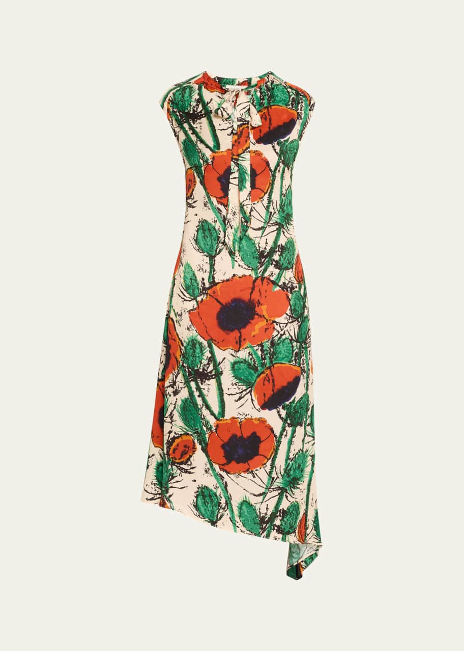 Image 1 of 1: Calypso Asymmetric Floral Twill Dress