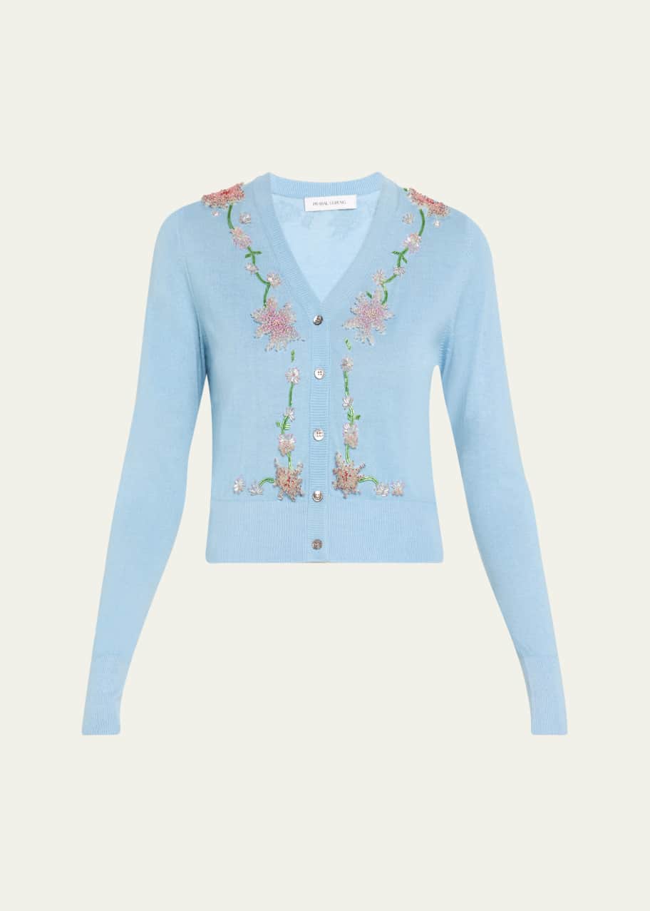 Image 1 of 1: Floral Embroidered V-Neck Cardigan
