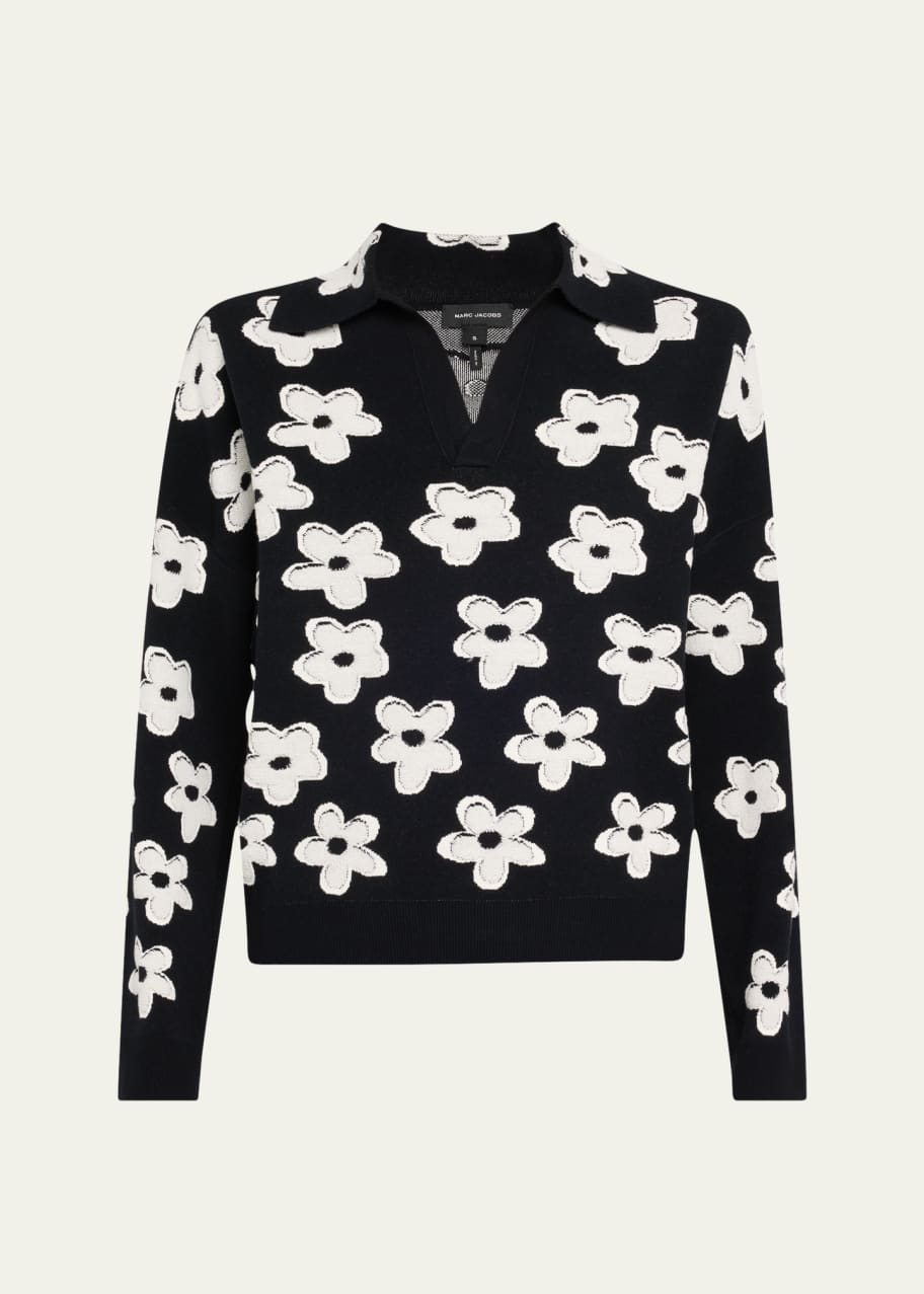 Image 1 of 1: Daisy Jacquard Long-Sleeve Polo Top