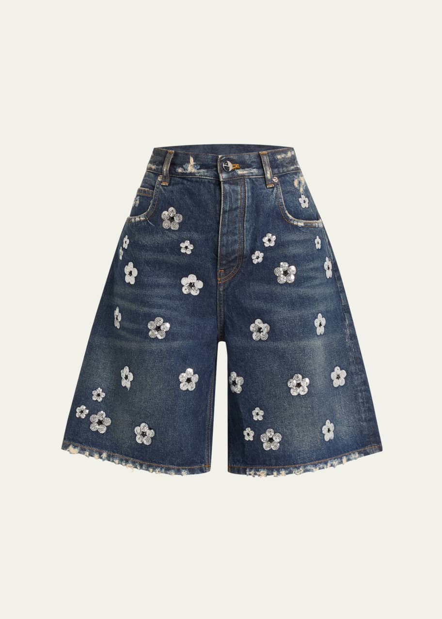 Marc Jacobs Daisy Sequined Wide-Leg Denim Bermuda Shorts