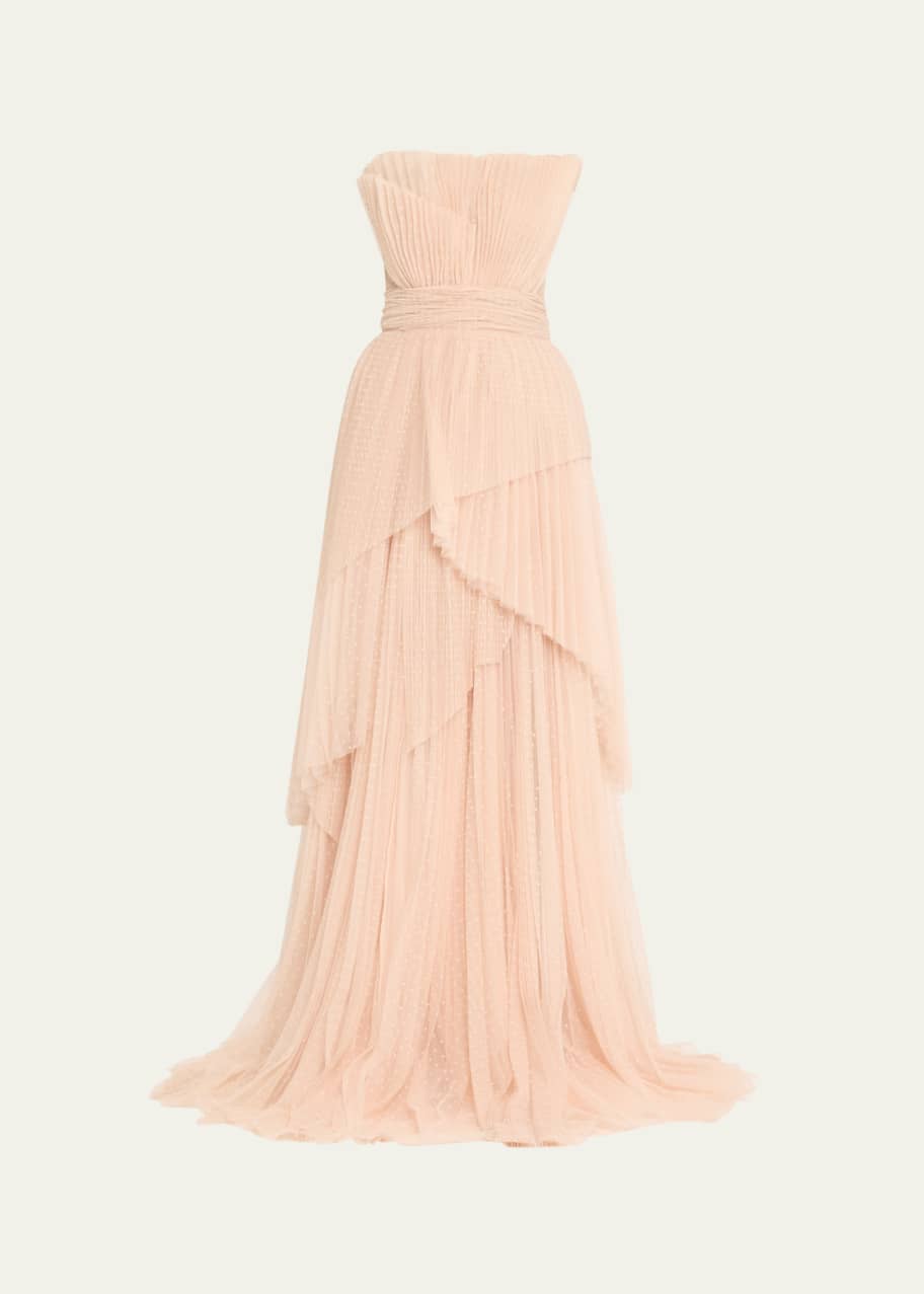 Image 1 of 1: Carrie Strapless Pleated Point D'Esprit Gown