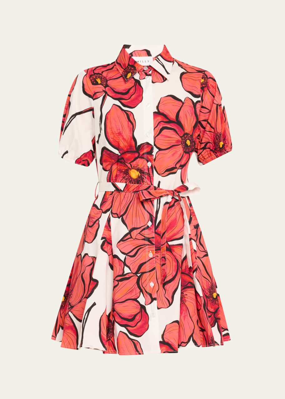 milly floral print mini dress Milly Women's Juni Printed Stretch Cotton Poplin Mini-Shirtdress - Blue Multi