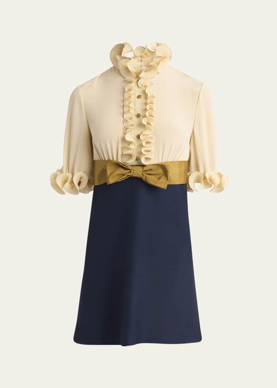 Image 1 of 1: Colorblock High Neck Ruffle Mini Dress with Bow Detail