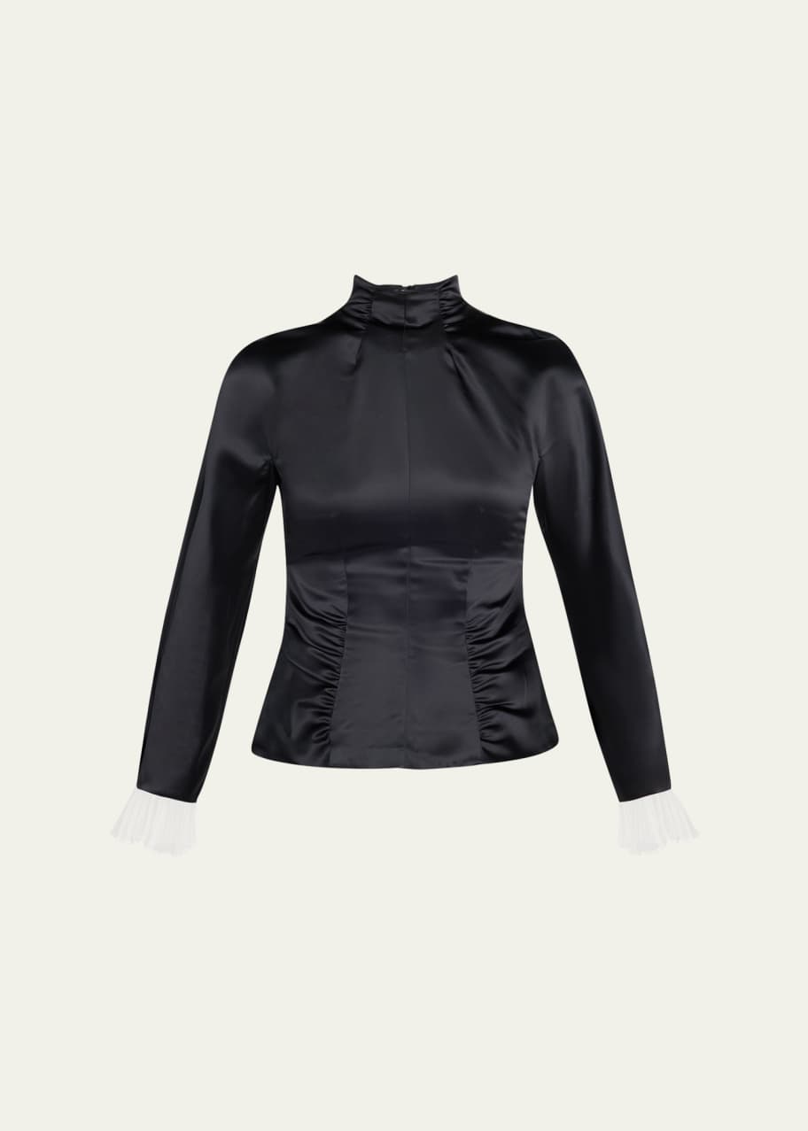 Image 1 of 1: Ruched Satin Long-Sleeve Top