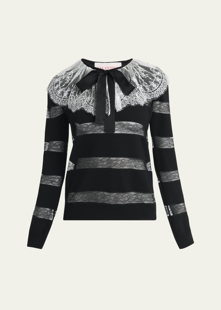 Image 1 of 1: Lace Striped Wool Sweater