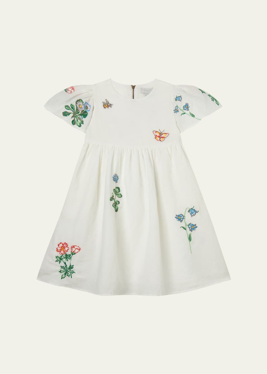 Image 1 of 1: Girl's Embroidered Cotton-Linen Dress, Size 4-10