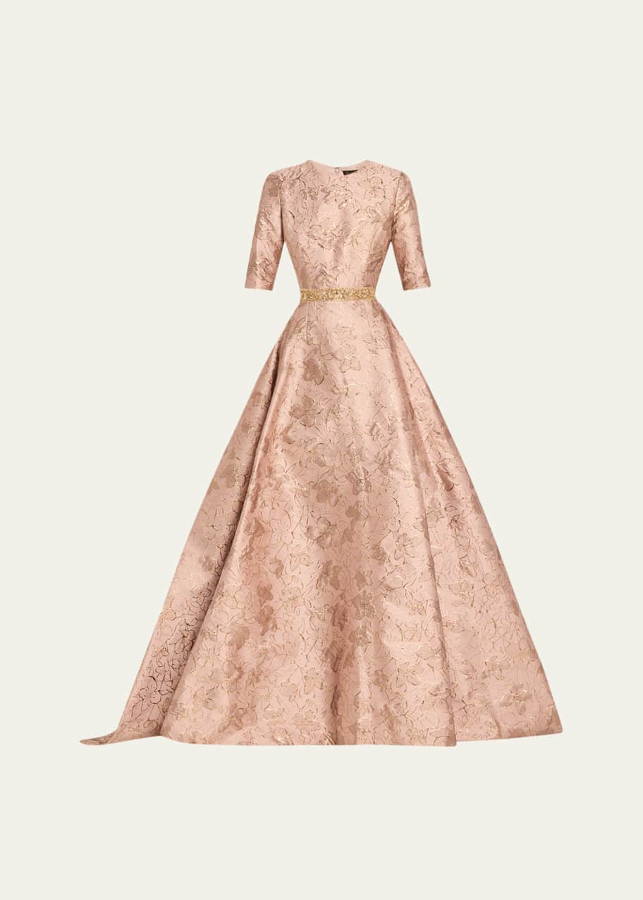 Image 1 of 1: Floral Brocade Gown With Crystal Belt