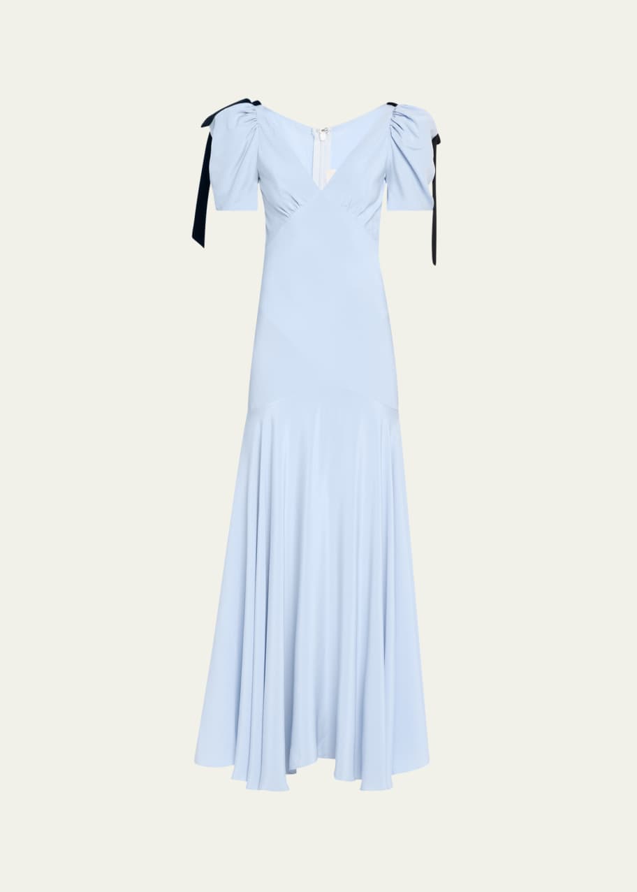rodarte blue dress Blue Silk Crepe Bias Dress With Black Velvet Bow And Flower Detail – Rodarte main image 0