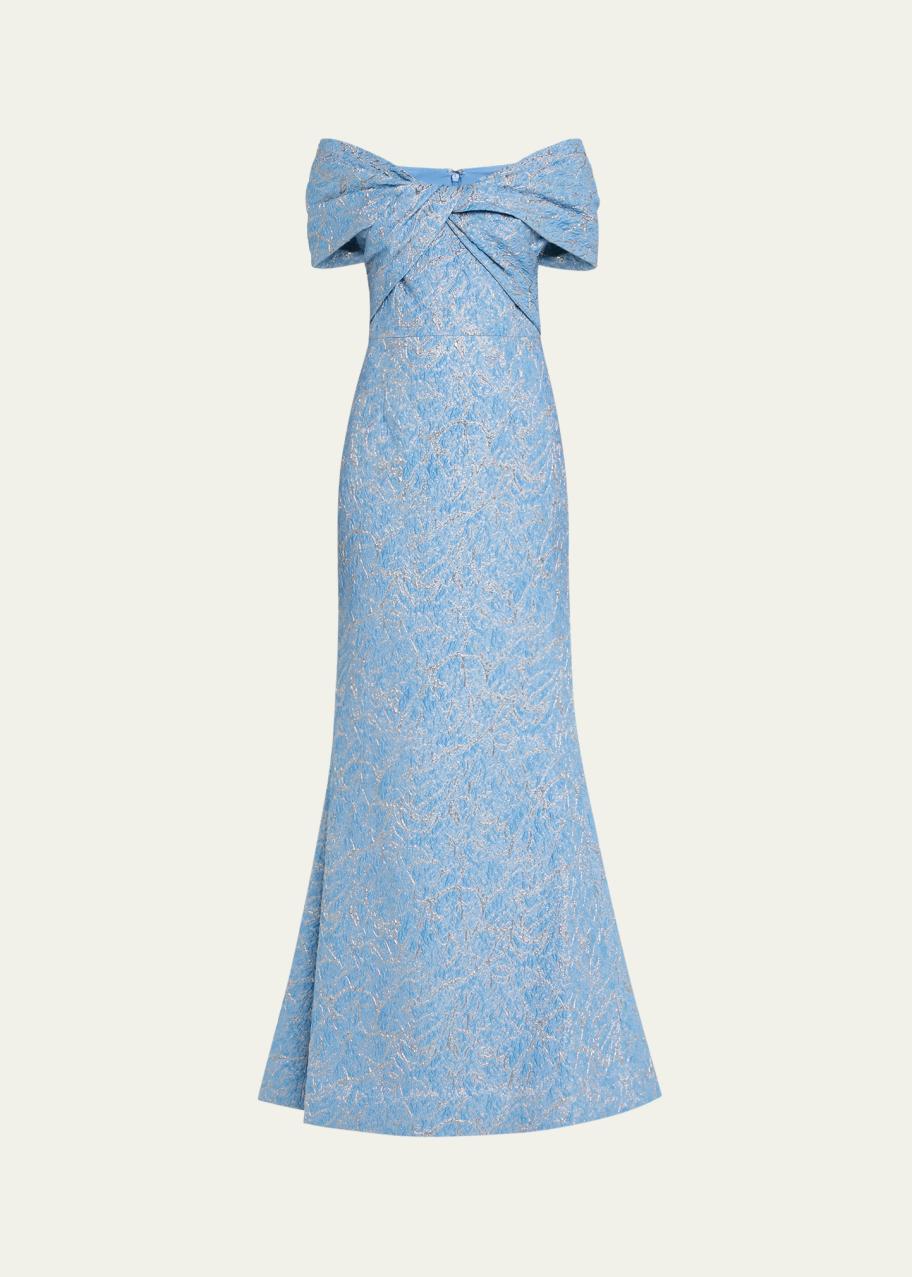 Rickie Freeman for Teri Jon Off-Shoulder Metallic Jacquard Gown