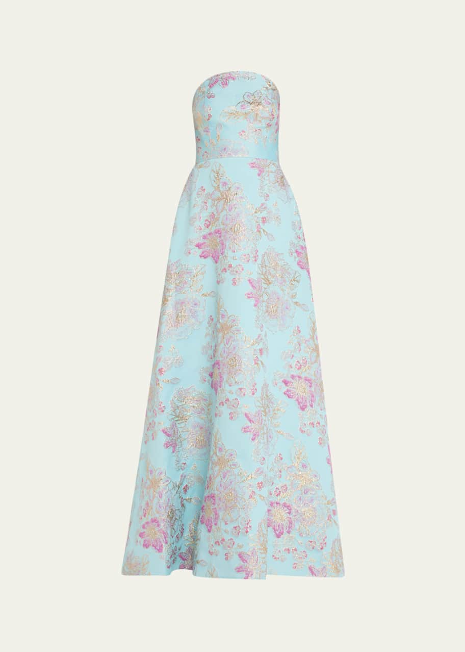 Image 1 of 1: Strapless Metallic Floral Jacquard Gown