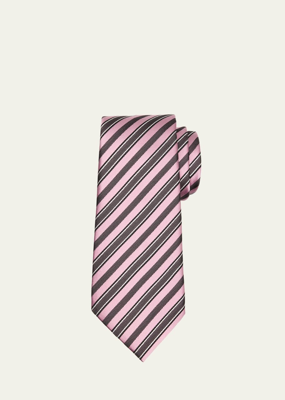 Image 1 of 1: Men's Silk and Cotton Herringbone Stripe Tie